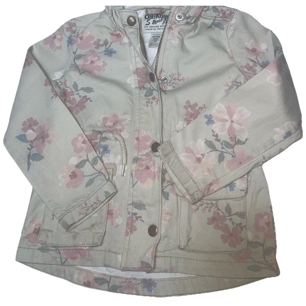 Girl 4T Oshkosh B'gosh Denim Jacket Beige Pink Blue Floral drawstring Waist